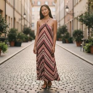 Ann Taylor LOFT Multi Color Striped Chevron Halter Style Maxi Dress SP NWT